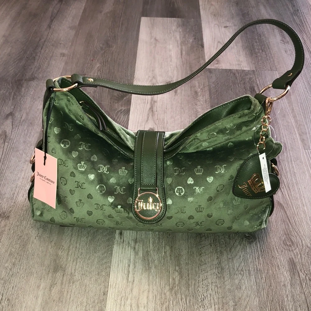 Juicy Couture Supergreens First Class Couture Hobo Bag Velvet & Faux Leather NWT